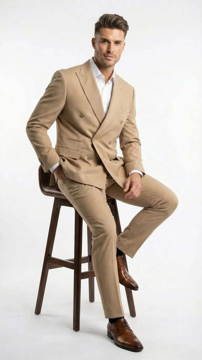 Vitali Brand Mens Beige Double Breasted Suit Classic Wedding, Prom & Party Wear Formal Outfit Khaki Camel Color sold by Alberto Nardoni product image thumbnail 4