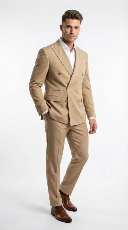 Vitali Brand Mens Beige Double Breasted Suit Classic Wedding, Prom & Party Wear Formal Outfit Khaki Camel Color made by Alberto Nardoni