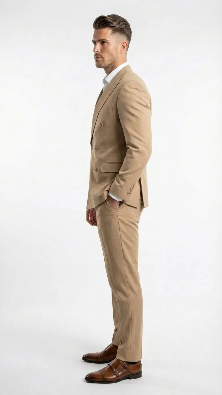 Vitali Brand Mens Beige Double Breasted Suit Classic Wedding, Prom & Party Wear Formal Outfit Khaki Camel Color sold by Alberto Nardoni product image thumbnail 3