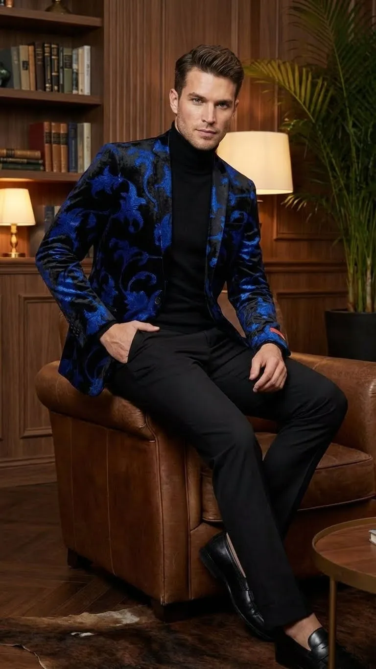 Mens Black and Royal Blue Patterned Blazer Paisley Floral Sport Coat Prom Jacket sold by Alberto Nardoni product image thumbnail 5