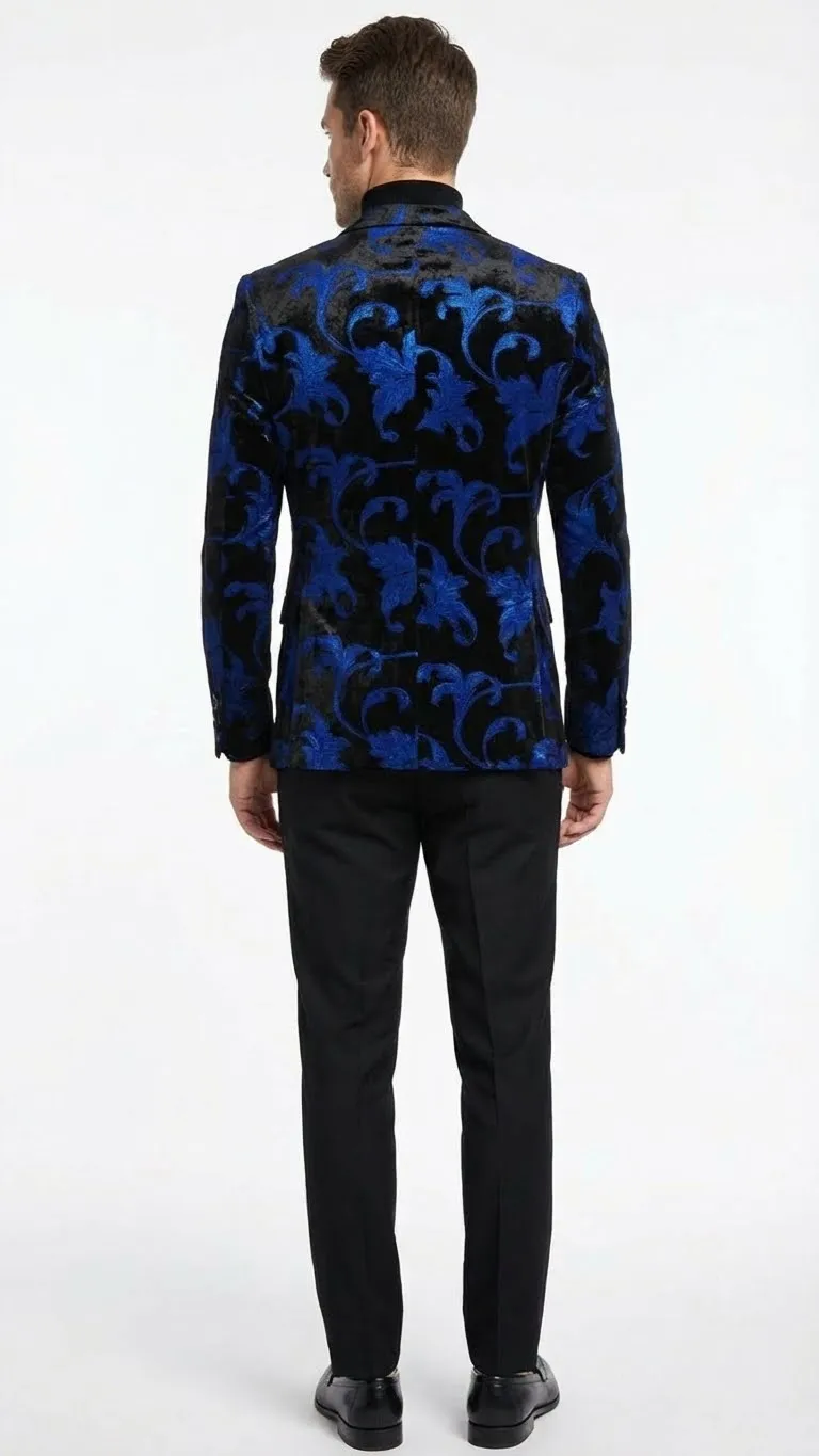 Mens Black and Royal Blue Patterned Blazer Paisley Floral Sport Coat Prom Jacket sold by Alberto Nardoni product image thumbnail 2