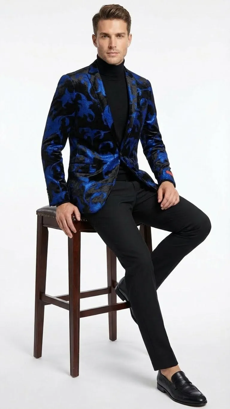 Mens Black and Royal Blue Patterned Blazer Paisley Floral Sport Coat Prom Jacket sold by Alberto Nardoni product image thumbnail 4