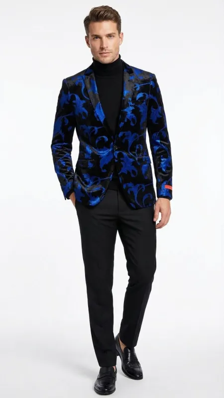 Mens Black and Royal Blue Patterned Blazer Paisley Floral Sport Coat Prom Jacket sold by Alberto Nardoni