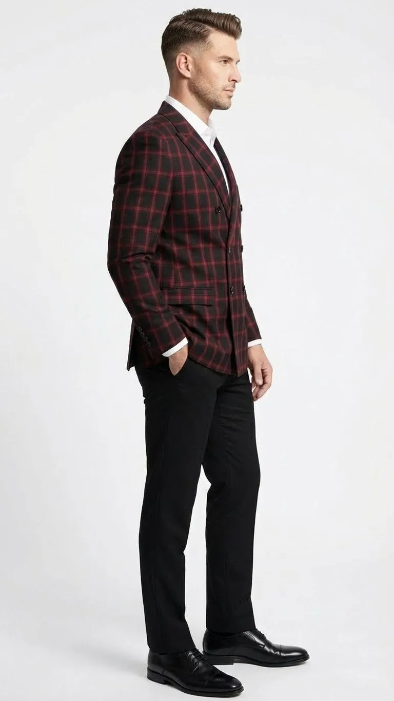 Mens Black and Red Check Double Breasted Blazer Sport Coat Jacket Windowpane Sportcoat Slim Fit sold by Alberto Nardoni product image thumbnail 3