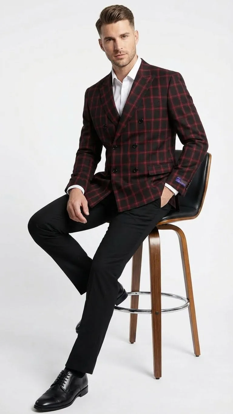 Mens Black and Red Check Double Breasted Blazer Sport Coat Jacket Windowpane Sportcoat Slim Fit sold by Alberto Nardoni product image thumbnail 4