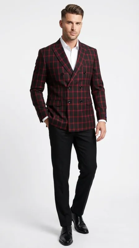Mens Black and Red Check Double Breasted Blazer Sport Coat Jacket Windowpane Sportcoat Slim Fit sold by Alberto Nardoni