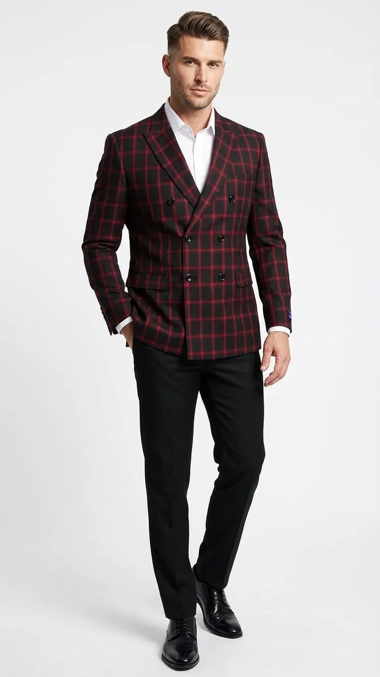 Mens Black and Red Check Double Breasted Blazer Sport Coat Jacket Windowpane Sportcoat Slim Fit sold by Alberto Nardoni