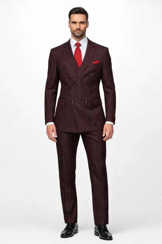Black and Red Pinstripe Double breasted Suit - 100% Wool Modern Fit Side Vents by Statement brand sold by Alberto Nardoni