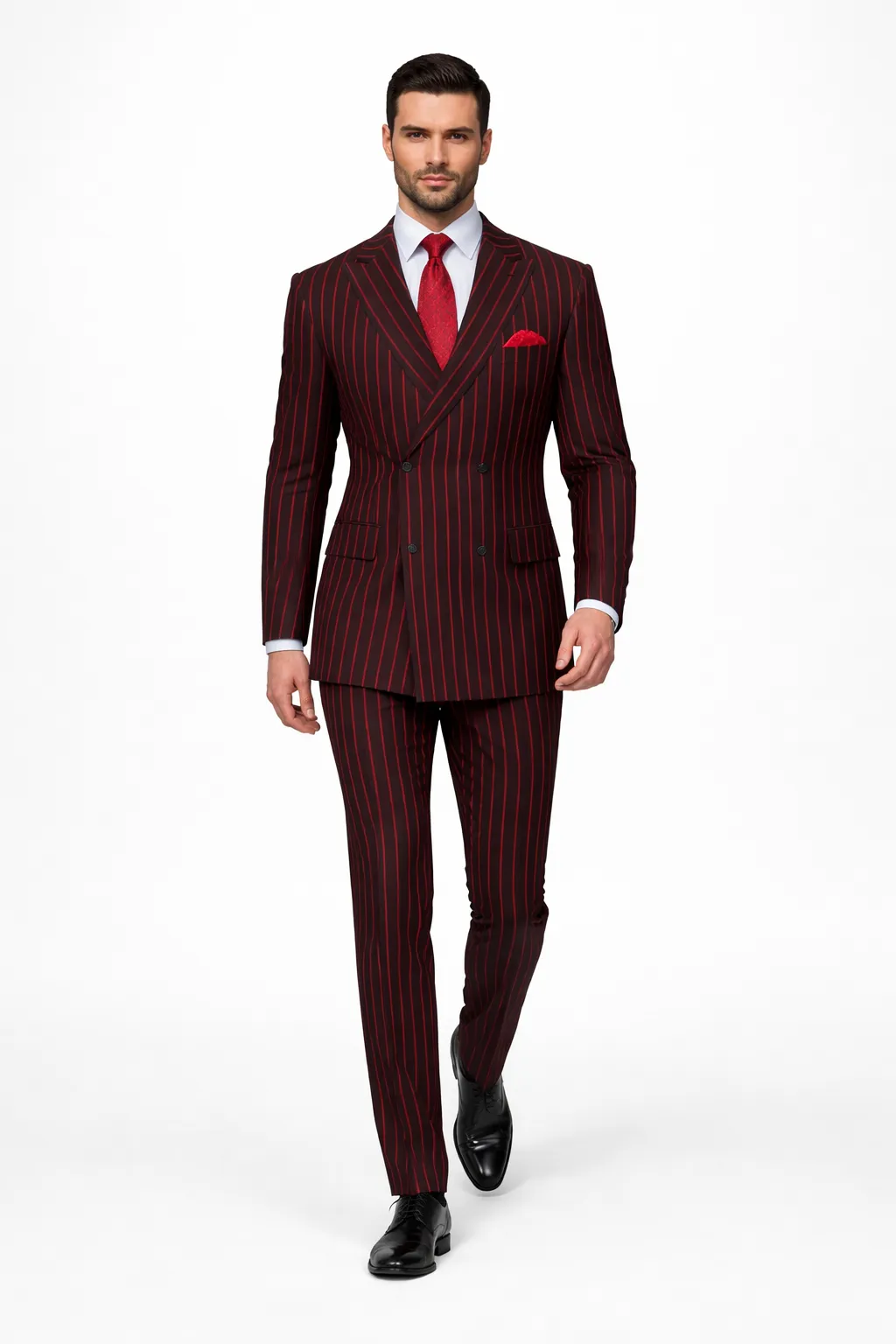 Black and Red Pinstripe Double breasted Suit - 100% Wool Modern Fit Side Vents by Statement brand sold by Alberto Nardoni product image thumbnail 3