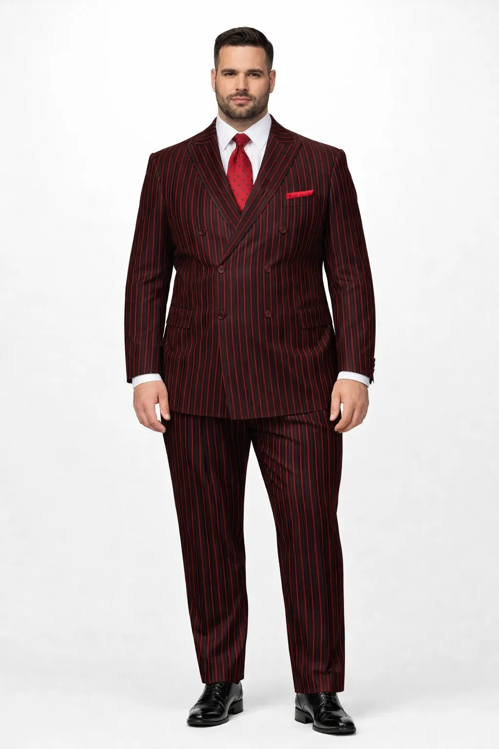 Black and Red Pinstripe Double breasted Suit - 100% Wool Modern Fit Side Vents by Statement brand sold by Alberto Nardoni product image thumbnail 5