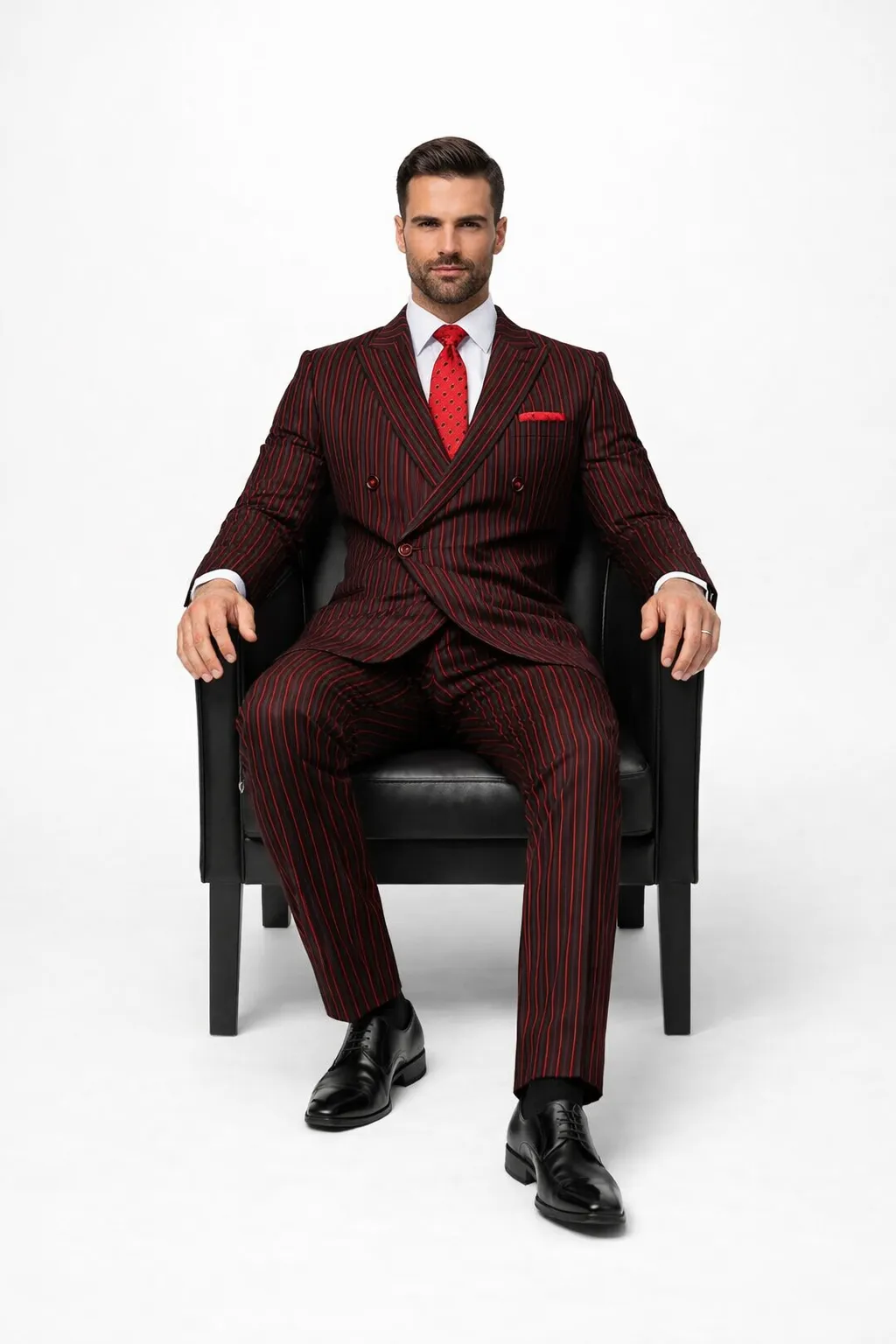 Black and Red Pinstripe Double breasted Suit - 100% Wool Modern Fit Side Vents by Statement brand sold by Alberto Nardoni product image thumbnail 4