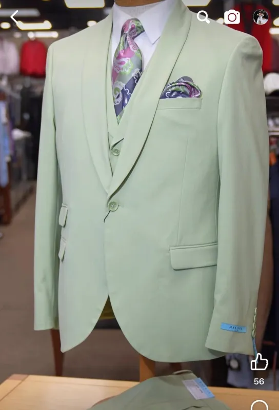 Sage Green Suit - Light Green Shawl Collar - Single Button Vested Suit sold by Alberto Nardoni