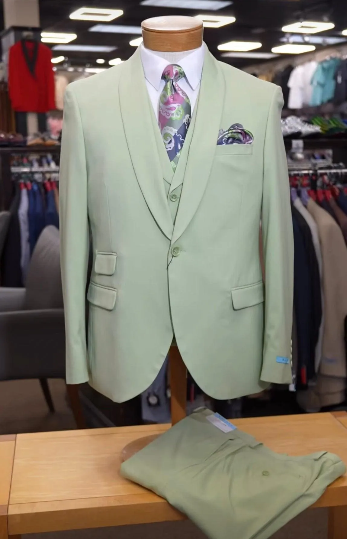 Sage Green Suit - Light Green Shawl Collar - Single Button Vested Suit sold by Alberto Nardoni product image thumbnail 2