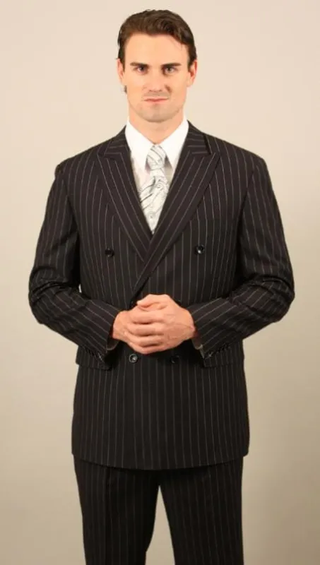 Double breasted Pinstripe Suit - Men's Double Breasted Suit Black With Pinstripe Suit With Side Vent Jacket Pleated Pants sold by Alberto Nardoni