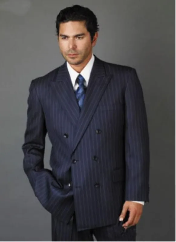 Double breasted Pinstripe Suit - Men's Double Breasted Suits Dark Navy Blue Suit For Men With Smooth Stripe ~ Pinstripe Suit With Side Vent Jacket Pleated Pants made by Alberto Nardoni
