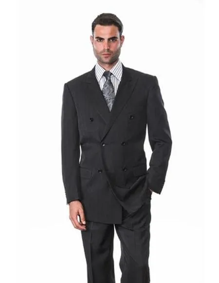 Double breasted Pinstripe Suit - Men's Alberto Nardoni Double Breasted Suits Black Shadow Stripe Ton One Tone Conservative Pinstripe Side Vents Suit sold by Alberto Nardoni