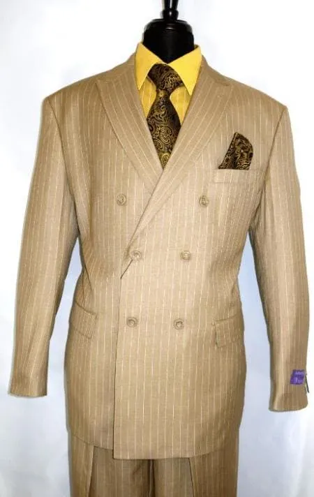 Double breasted Pinstripe Suit - Men's Double Breasted Suit Peak Lapel 2 Button Suit Camel Pin Stripe sold by Alberto Nardoni