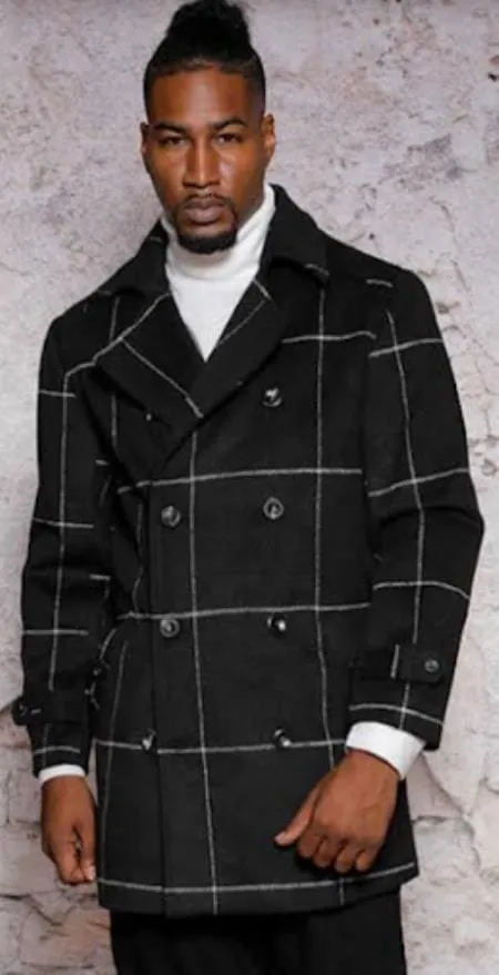Mens Plaid Overcoat - Peacoat - Plaid Topcoats Black sold by Alberto Nardoni