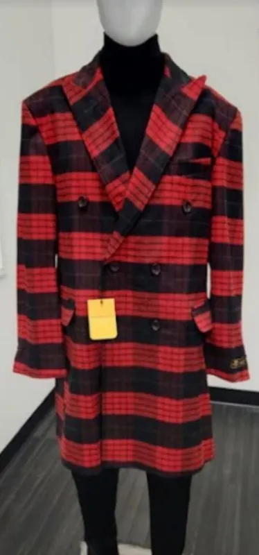 Mens Plaid Overcoat - Peacoat - Plaid Topcoats Red ~ Black sold by Alberto Nardoni