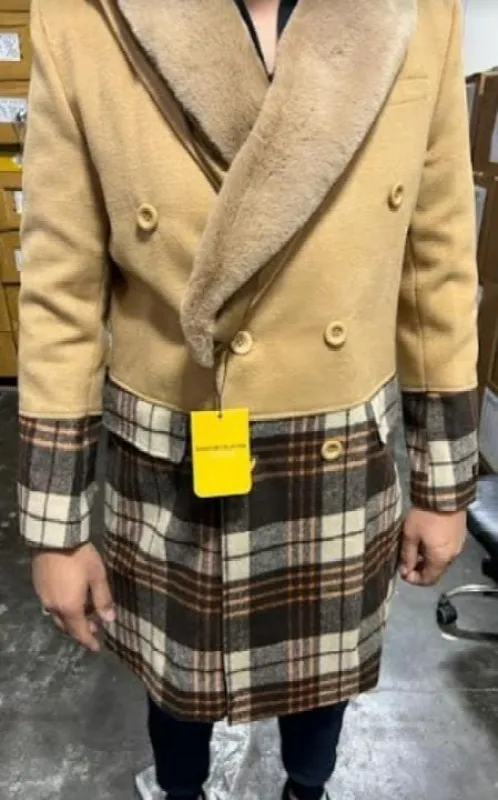 Mens Plaid Peacoat - Plaid Pattern Tan Coat sold by Alberto Nardoni