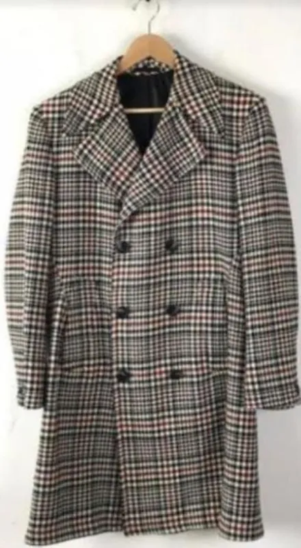 Mens Plaid Overcoat - Peacoat - Plaid Topcoats Cream ~ Black sold by Alberto Nardoni
