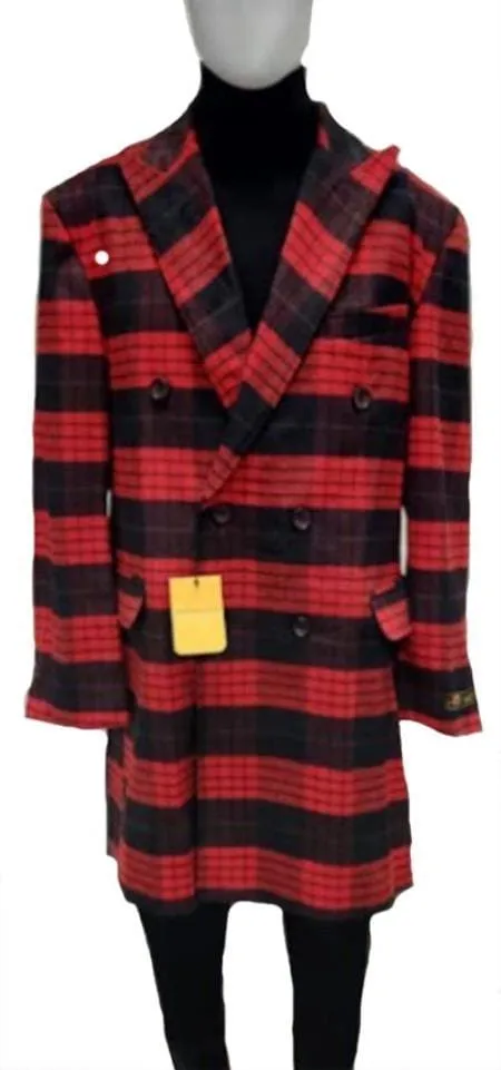 Mens Plaid Peacoat - Plaid Pattern Red ~ Black Coat sold by Alberto Nardoni