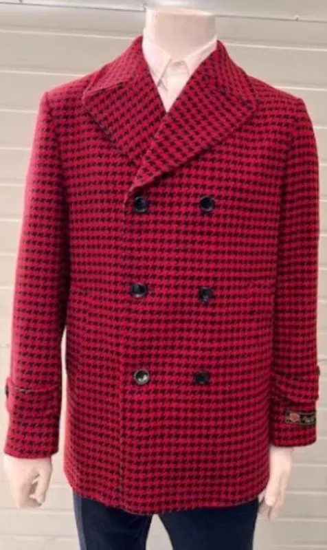 Mens Red Peacoat - Houndstooth Red And Black Pattern Car Coat sold by Alberto Nardoni
