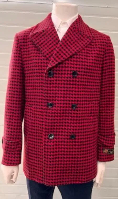 Mens Red Peacoat - Houndstooth Red And Black Pattern Car Coat sold by Alberto Nardoni