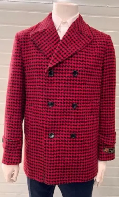 Mens Plaid Peacoat - Plaid Pattern Red Coat sold by Alberto Nardoni