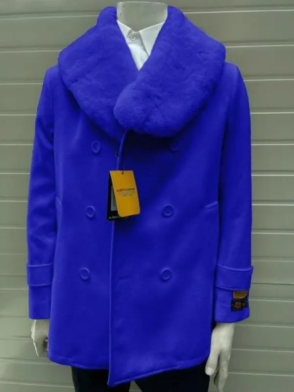 Mens Pea Coats With Fur Collar - Royal Blue Peacoats sold by Alberto Nardoni