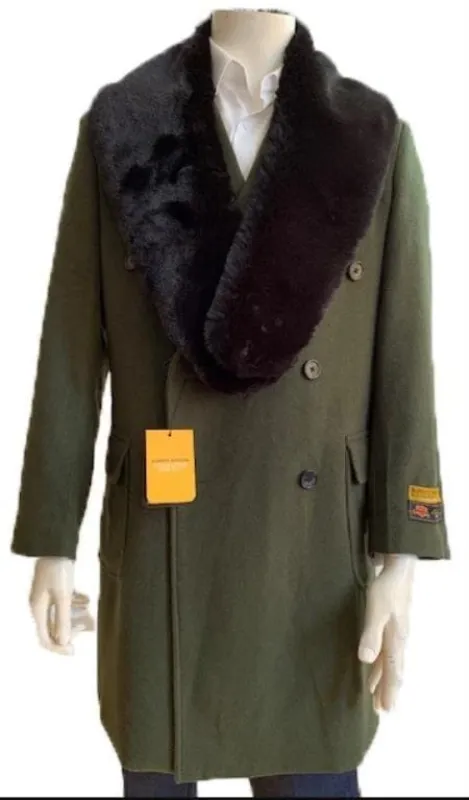 Olive Green Peacoat Double Breasted Three Quarter Overcoat And Cashmere Peacoat - Topcoat By Alberto Nardoni sold by Alberto Nardoni