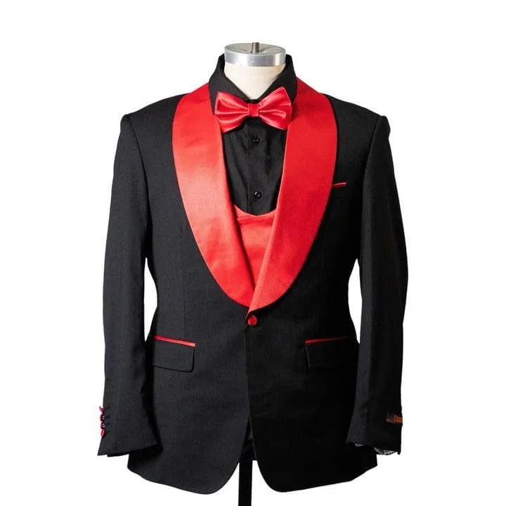 1 BUTTON SHAWL LAPEL TUXEDO WITH VEST - BLACK & RED sold by Alberto Nardoni