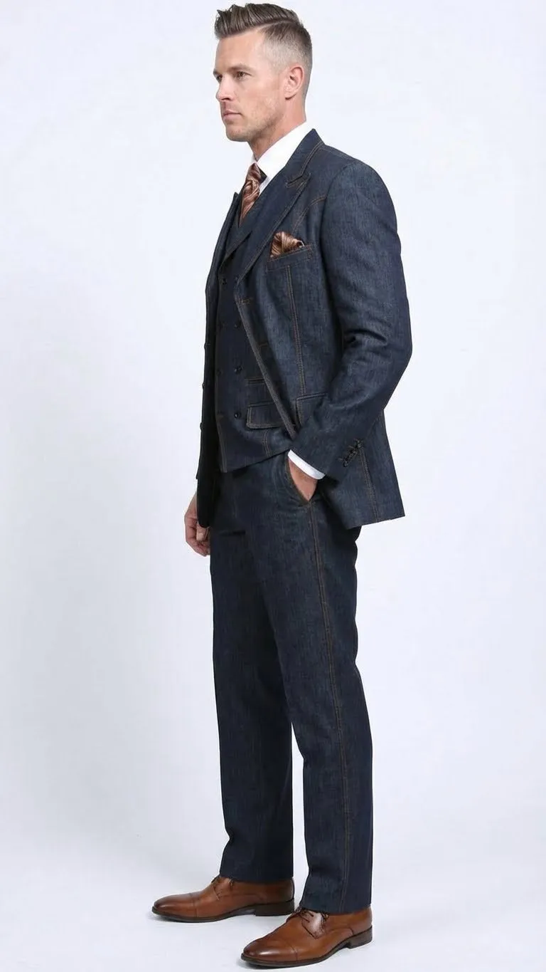 Men’s Dark Denim Blue Fabric Suit – Classic Three Piece Denim Suit for Wedding, Party and Formal Events sold by Alberto Nardoni product image thumbnail 3