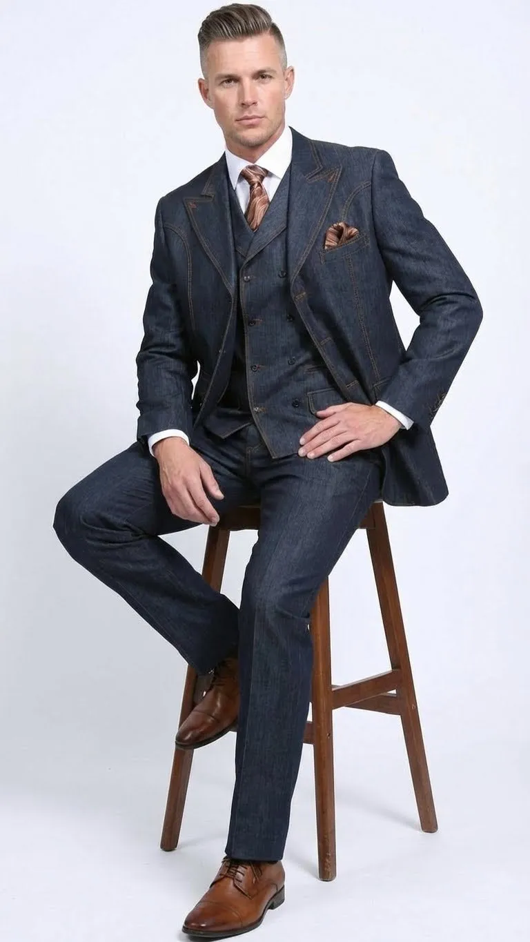Men’s Dark Denim Blue Fabric Suit – Classic Three Piece Denim Suit for Wedding, Party and Formal Events sold by Alberto Nardoni product image thumbnail 5