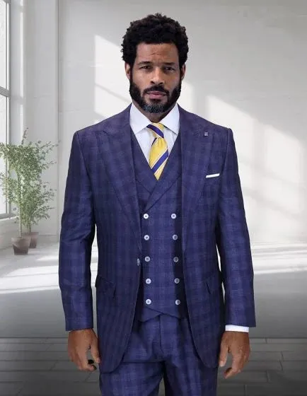Statement Men's 3 Piece Big and Tall 100% Wool Wide Leg Suit- Windowpane Plaid sold by Alberto Nardoni product image thumbnail 3