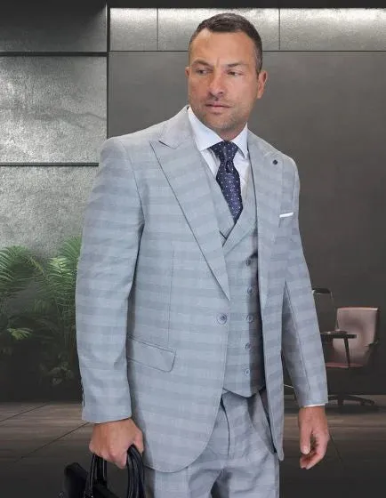 Statement Men's 3 Piece Big and Tall 100% Wool Wide Leg Suit- Windowpane Plaid sold by Alberto Nardoni