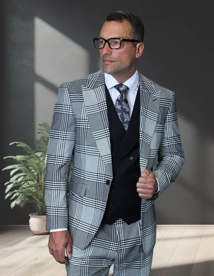 Statement Men's 3 Piece Plaid 100% Wool Modern Fit Suit - Peak Lapel sold by Alberto Nardoni product image thumbnail 2