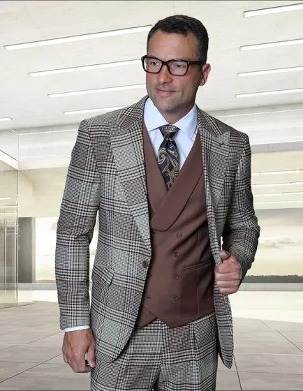 Statement Men's 3 Piece Plaid 100% Wool Modern Fit Suit - Peak Lapel sold by Alberto Nardoni