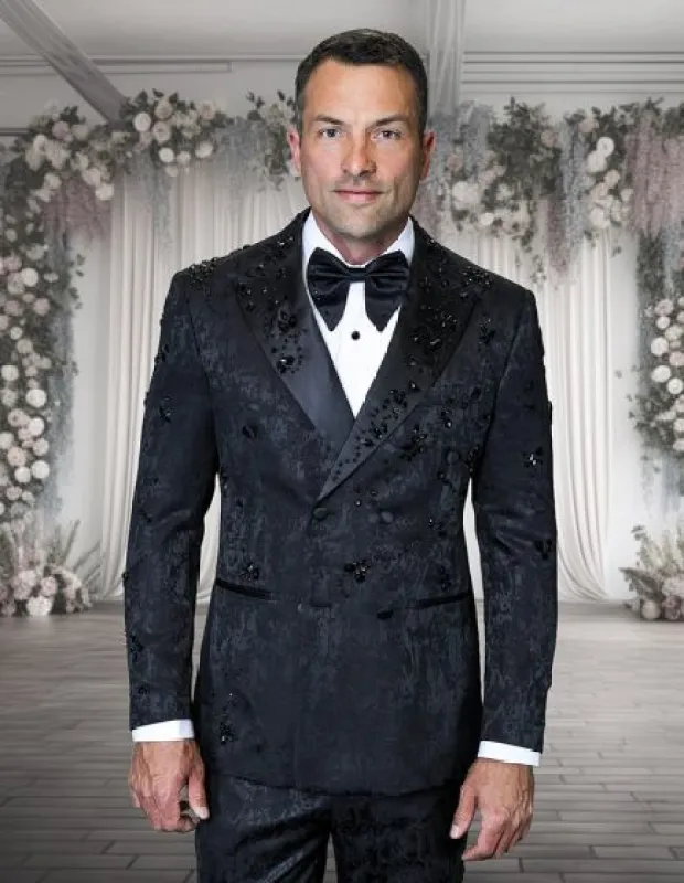 Statement Men's 2 Piece Modern Fit Double Breasted Tuxedo - Floral Rhinestone Design sold by Alberto Nardoni