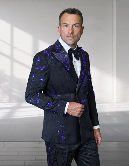 Statement Men's 2 Piece Modern Fit Double Breasted Tuxedo - Floral Rhinestone Design sold by Alberto Nardoni product image thumbnail 3