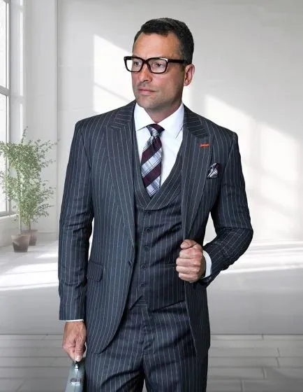 Statement Men's 100% Wool Pinstripe 3 Piece Suit - Peak Lapel sold by Alberto Nardoni product image thumbnail 3