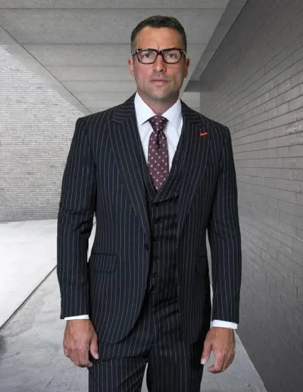 Statement Men's 100% Wool Pinstripe 3 Piece Suit - Peak Lapel sold by Alberto Nardoni