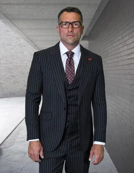 Statement Men's 100% Wool Pinstripe 3 Piece Suit - Peak Lapel sold by Alberto Nardoni