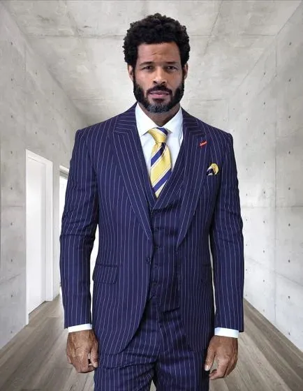 Statement Men's 100% Wool Pinstripe 3 Piece Suit - Peak Lapel sold by Alberto Nardoni product image thumbnail 2