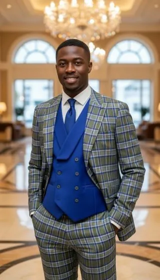 Statement Men's 3 Piece Plaid 100% Wool Modern Fit Suit - Double Breasted Vest sold by Alberto Nardoni product image thumbnail 3