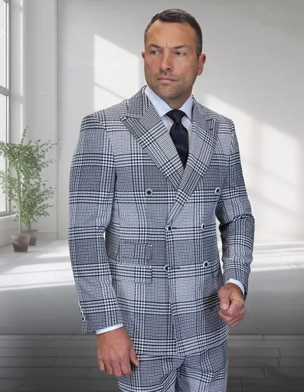 Statement Men's 2 Piece 100% Wool Modern Fit Double Breasted Suit - Plaid Pattern sold by Alberto Nardoni product image thumbnail 2