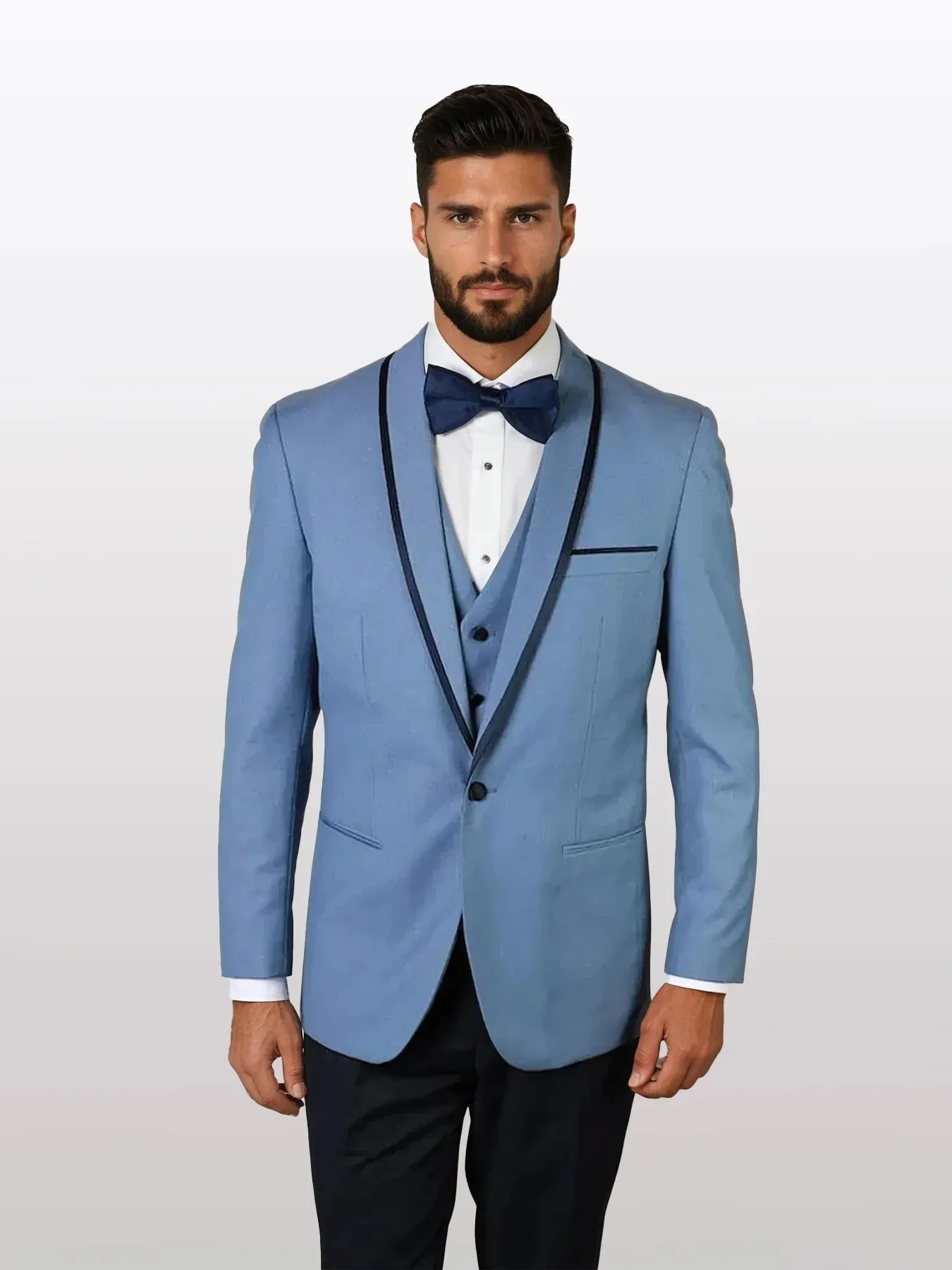 Statement Men's Steel Blue Vested with Black Trim Fine Lapel 100% Wool Tuxedos sold by Alberto Nardoni
