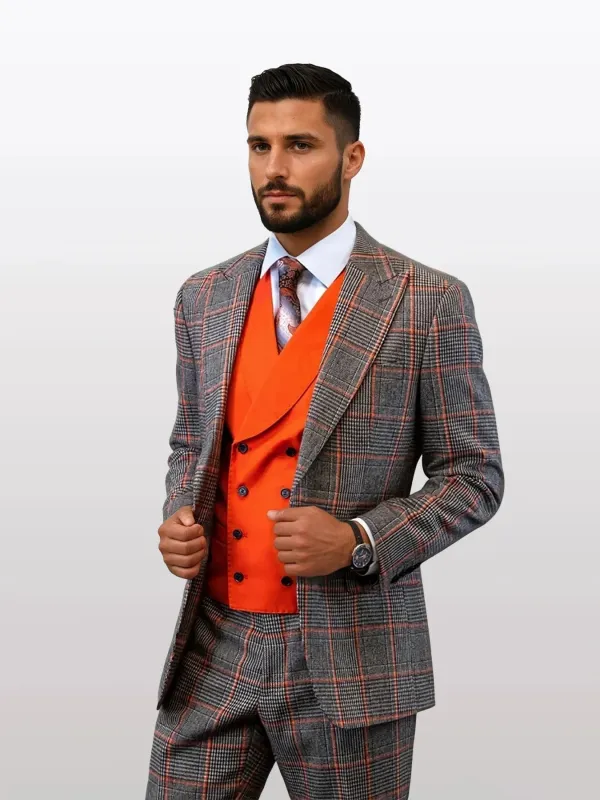 Statement Men's Coral Over Plaid 100% Wool Suits with Double Breasted Vest sold by Alberto Nardoni