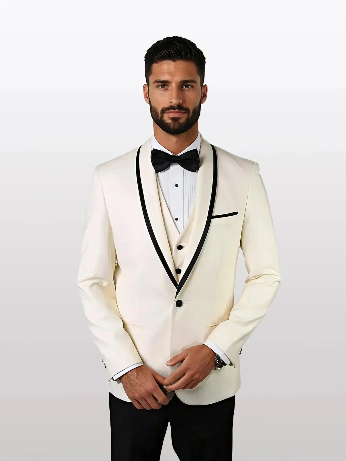 Statement Men's White Vested with Black Trim Fine Lapel 100% Wool Tuxedos sold by Alberto Nardoni