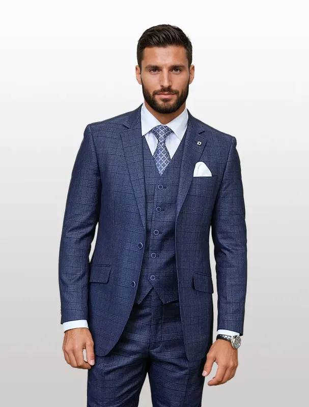 Statement Men's Indigo Windowpane Plaid Modern Fit 100% Wool Vested Suits sold by Alberto Nardoni